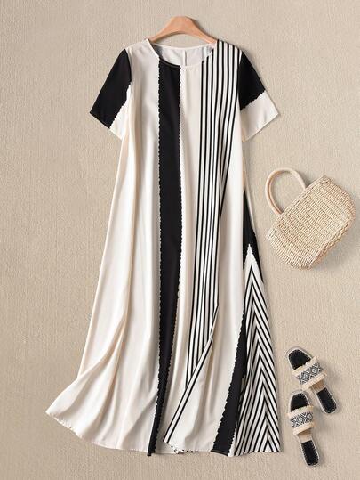 Rusticease Women's Casual Loose Patchwork Color Round Neck Dress, Suitable For Daily Wear, Dating, And Outings