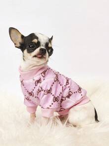 PETSIN 1件印花蝴蝶结法兰绒卫衣，宠物秋冬加厚保暖粉色款 - 粉色 - 查看 4