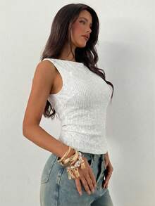 Aloruh Áo tank top ôm sát không tay cổ tròn đính sequin dành cho nữ, thích hợp cho các bữa tiệc, Giáng sinh, Năm mới. - trắng - Xem 5