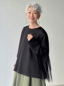 FRIFUL Women's Solid Color Mesh Patchwork Sheer Layered Loose Casual Versatile T-Shirt - Black - View 4