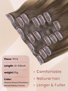 7片装无缝夹式接发片，渐变中棕色至草莓金色接发片，夹式真人发，隐形PU皮面，自然Remy真人发接发片 - STP4/27/4 - 查看 3