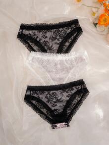 PetitDoll 3 buc/pachet chiloți confortabili din bumbac pentru femei, cu imprimeu de inimă, din dantelă, model patchwork - Multicolor - Vizualizare 2