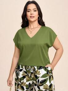 SHEIN LUNE 女士V领纯色休闲上衣和裤子套装 夏季女装度假装 - 軍綠色 - 查看 3