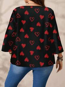 SHEIN VCAY Plus Size Women Casual All-Over Print Round Neck Loose 3/4 Sleeve Shirt, Autumn/Winter Valentine's Day - Black - View 4