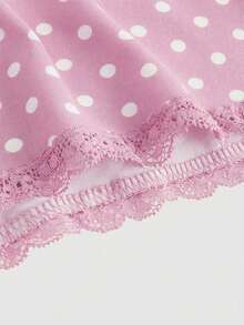 ROMWE Goth V领蝴蝶结装饰撞色波点女士修身百搭T恤 - 粉色 - 查看 3