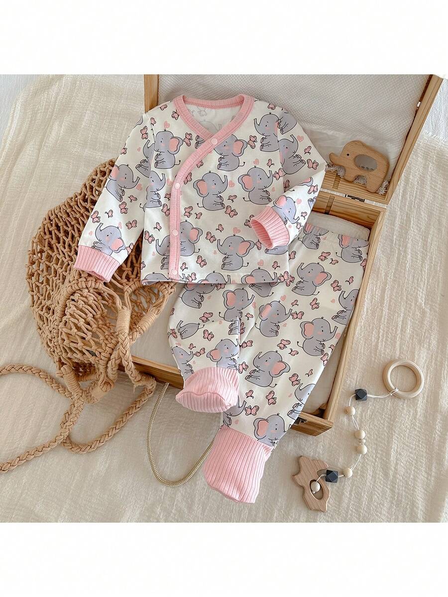 Loomiva 新生女宝宝卡通熊图案针织柔软圆领长袖套头衫和松紧腰裤两件套 - 彩色 - 查看 1