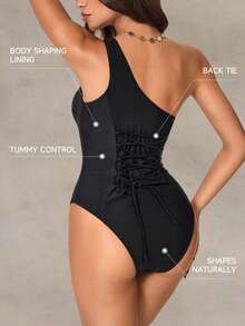 Shapewave Women's Black Summer Elegant One Piece Swimsuit,Holiday Beach One Shoulder Tummy Control Bathing Suit,Floral Halter Backless Ruffle Shapewear Swimwear - Multicolor - View 2