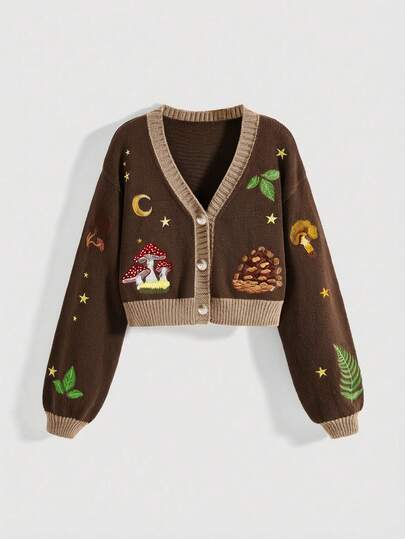 Fairycore Vintage Cardigan Femme Col V Boutonnage Manches Longues Brodé Champignon, Plante, Lune et Étoile
