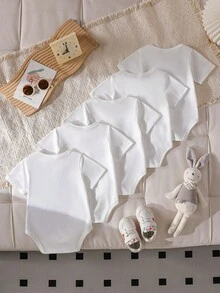SHEIN 5pcs/Set Newborn Baby Girls' Soft Comfortable Solid Color Envelope Collar Short Sleeve Bodysuit, Casual Daily Wear, Layering, Easy On/ Short Sleeve Shorts, Spring/Summer - White - View 2