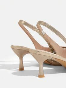CUCCOO TILAWA Tacones de satén con punta abierta y strass plateados para bodas para mujeres para Navidad - Dorado - Ver 5