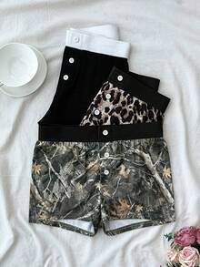 SHEIN Bộ 3 món quần short dệt kim in họa tiết trang trí có cúc dành cho thiếu nữ, kiểu dáng ôm sát, phối màu tương phản. - Nhiều màu - Xem 5