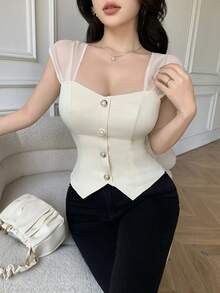 SHEIN LUNE Women's Sweetheart Collar Mesh Patchwork Button Design Fitted Elegant Blouse - Apricot - View 7