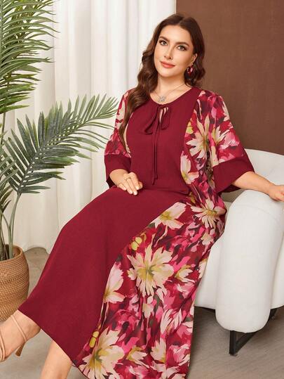 Lacomfia 大码女式宽松纯色拼接圆领蝴蝶结休闲连衣裙