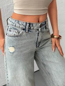 Women's Pocket Loose Wide Leg Casual Versatile Jeans - Medium Wash - View 6