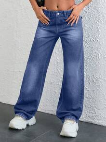 EURMUSE 低腰复古水洗直筒牛仔裤 - 中等水洗藍 - 查看 7