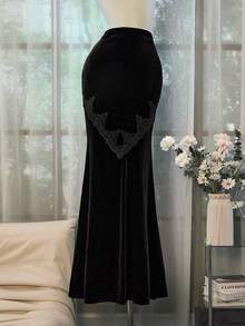 SHEIN 女士朋克风纯色性感紧身蕾丝拼接天鹅绒鱼尾长裙 - 黑色 - 查看 3