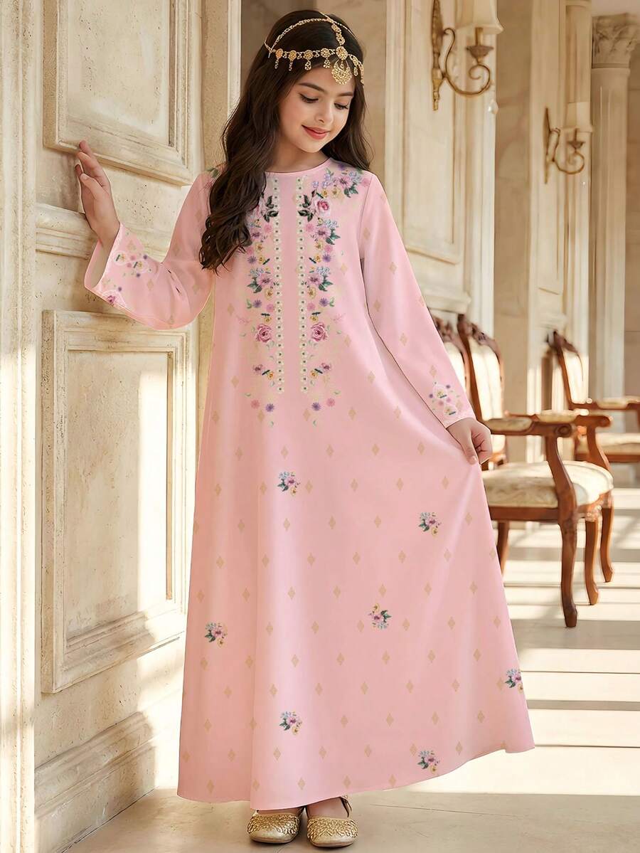 粉色碎花儿童长袍，优雅复古碎花刺绣少女休闲端庄传统长袖阿拉伯连衣裙，适合春夏穿着，优雅端庄长袖连衣裙，祈祷长袍，舒适休闲，休闲装，度假风，端庄长袍，儿童长袍，少女长袍 - 白色 - 查看 1