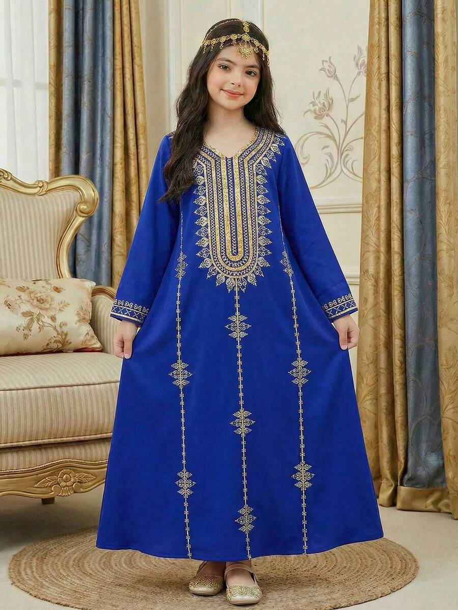 SHEIN 少女时尚印花V领长袖连衣裙