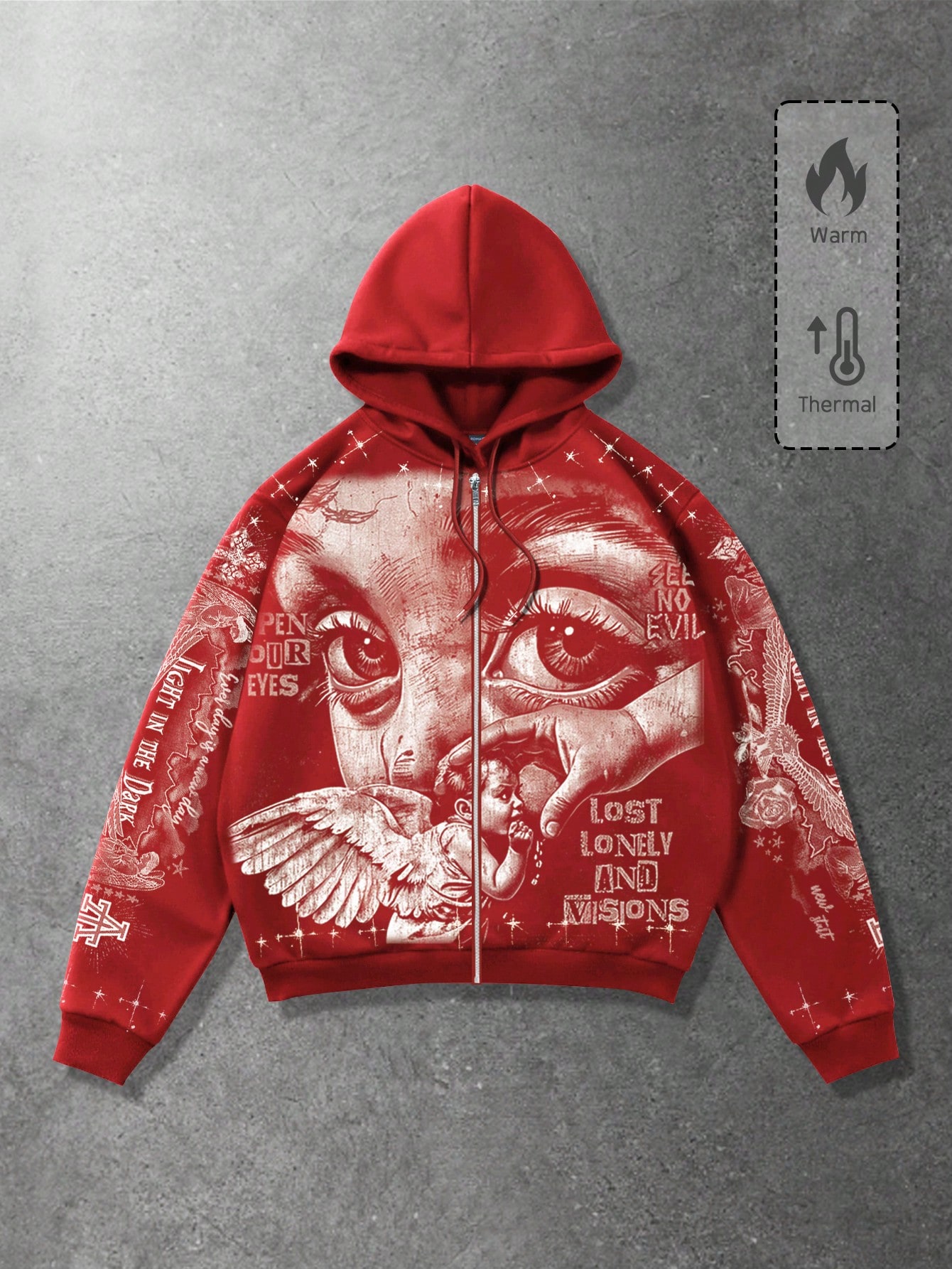 ROMWE MEN Street Life Red Angel Print Zip-Up Hooded Fleece Sweatshirt