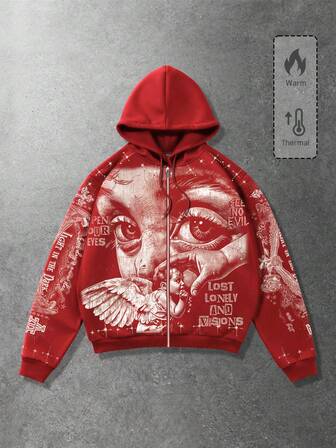 Street Life Felpa con cappuccio casual da uomo, con stampa di angelo di strada, con chiusura lampo e coulisse, in pile, calda per l'autunno/inverno