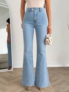 EURMUSE Quần jean denim ống loe cạp cao co giãn nâng mông - Rửa nhẹ - Xem 6