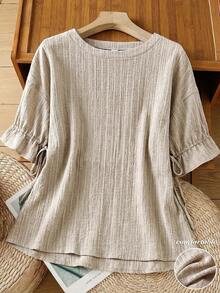 Rusticease 女士夏季休闲提花条纹复古衬衫，新年宽松版型，浅卡其色袖口带抽绳，优雅女士衬衫，休闲上衣，适合度假穿着，春季夏季外出穿着，短袖夏季上衣 - 淺灰色 - 查看 1