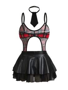 3pcs/Set Sexy Plaid Jumpsuit For Female Students - Multicolor - View 8