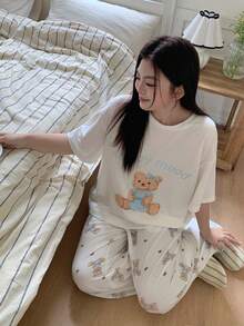 Dazy Plus 两件套可爱小熊睡衣套装，宽松短袖上衣和长裤，春夏睡衣 - 白色 - 查看 5