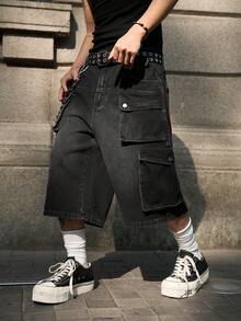 Manfinity EMRG Men's Pocketed Button Casual Cargo Cropped Wide Leg Jeans, Versatile For Commuting And Outings - Black - View 3