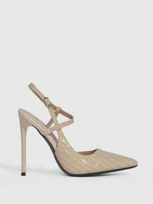 CUCCOO SZL Women's Pointed Toe High Heel Shoes, Shiny Black Material, Fashionable Sexy Nightclub Party Runway Ankle Strap Super High Heel Pumps For Christmas Valentine's Day - 7639 Stone pattern apricot 12 - View 2