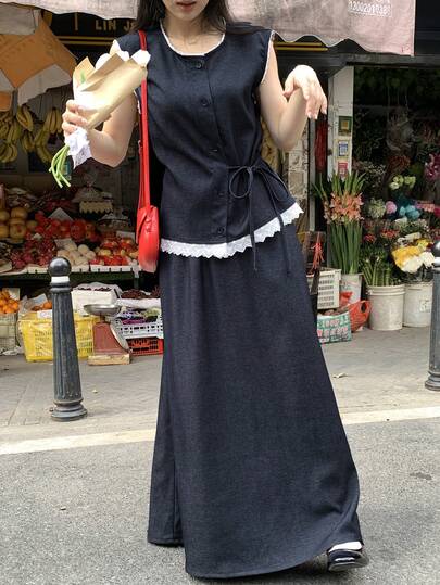 FRIFUL 女士单排扣腰带背心和迷你裙休闲牛仔套装