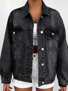 Cottnline 98%Cotton Flap Pocket Ripped Drop Shoulder Denim Jacket Women Jean Jacket Jean Shirt Oversized Jean Jacket - Black - View 5