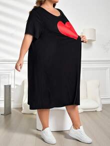 SHEIN CURVE+ CURVE PLUS /Valentine's Day/Plus Size Comfortable Stretchy Long Short Sleeve Black Casual Dress, Versatile For Summer