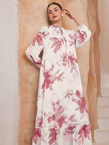 Graceveil 女士印花系领灯笼袖优雅连衣裙 - 泡泡糖粉 - 查看 6