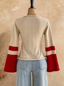 Soleia 新款休闲度假西部海滩婚礼宾客着装、毕业早午餐、圣帕特里克节春假、复活节、音乐节、优雅波西米亚热带喇叭袖星形图案女式毛衣，秋冬女装 - 紅白色 - 查看 2