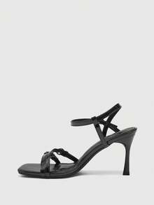 CUCCOO BIZCHIC Sandalias de tacón con punta cuadrada casual y sencilla para mujer - Laca negra - Ver 10