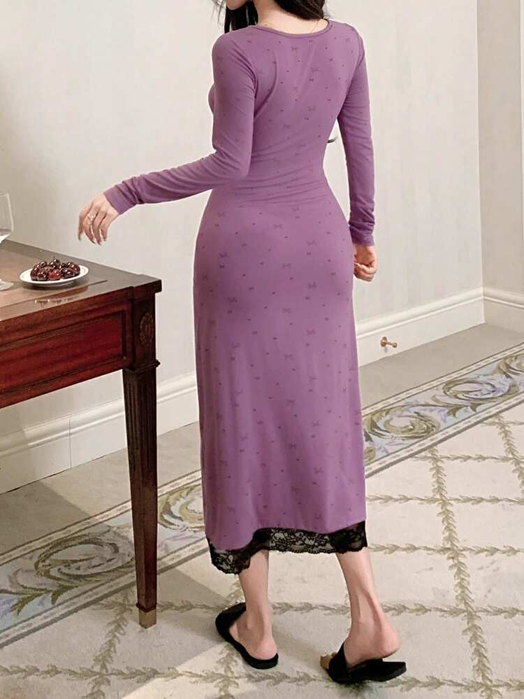 Women's Long Nightgown With Bow Pattern, Colorblock Lace Patchwork, Waist Cinched, Autumn/Winter