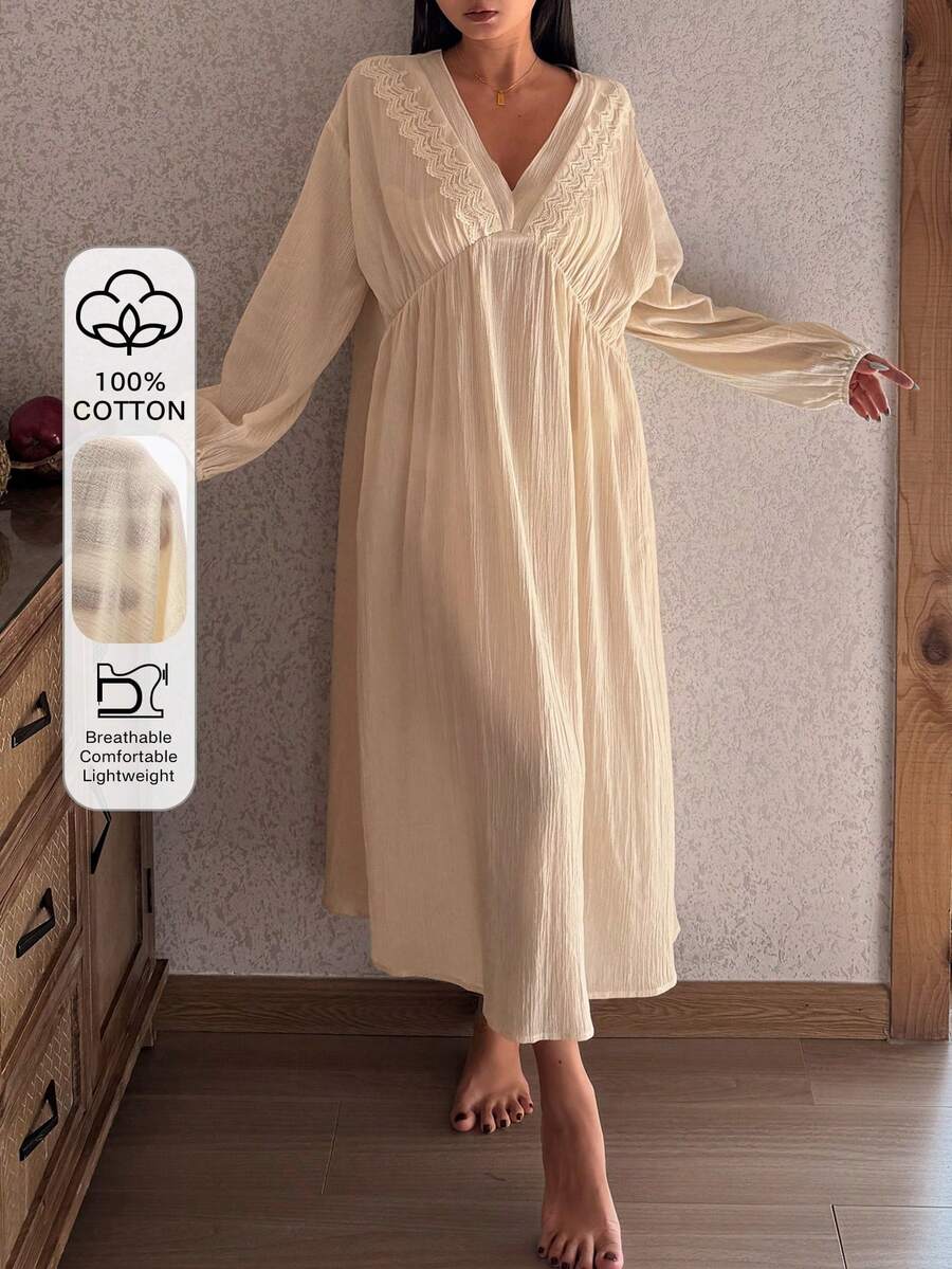 DAZY Romantic Lace Patchwork Textured Loose Lantern Sleeve Mid-Length Women Nightgown - Beige - View 1