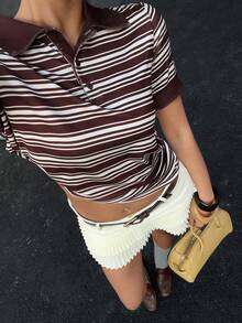 Siren Gaze T-shirt à manches courtes rayé, polyvalent et décontracté avec demi-zip pour femmes - Tabac - Voir 3