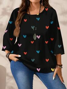 EMERY ROSE 大码女式休闲浪漫全心印花宽松圆领七分袖衬衫，红色，适合情人节，情人节礼物 - 彩色 - 查看 3