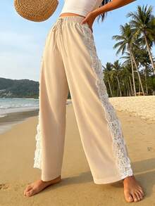 Nevyona Women's Drawstring Elastic Waist Lace Trim Loose Wide Leg Pants, Beige Boho Beach Holiday Autumn Casual Vacation Cream Pants - Apricot - View 5