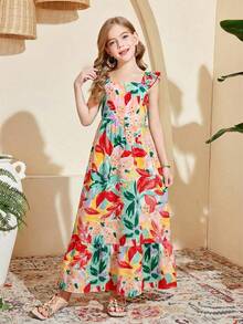 SHEIN 少女款梭织印花方领短袖长款连衣裙，夏季连衣裙，碎花连衣裙，短袖，方领，母女装 - 彩色 - 查看 3