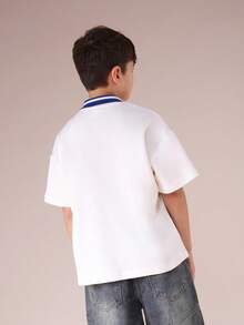 SUMWON 男童短袖 Polo 衫，经典领口，纽扣门襟，休闲校服风格上衣，夏季青少年学院风度假款 - 白色 - 查看 2