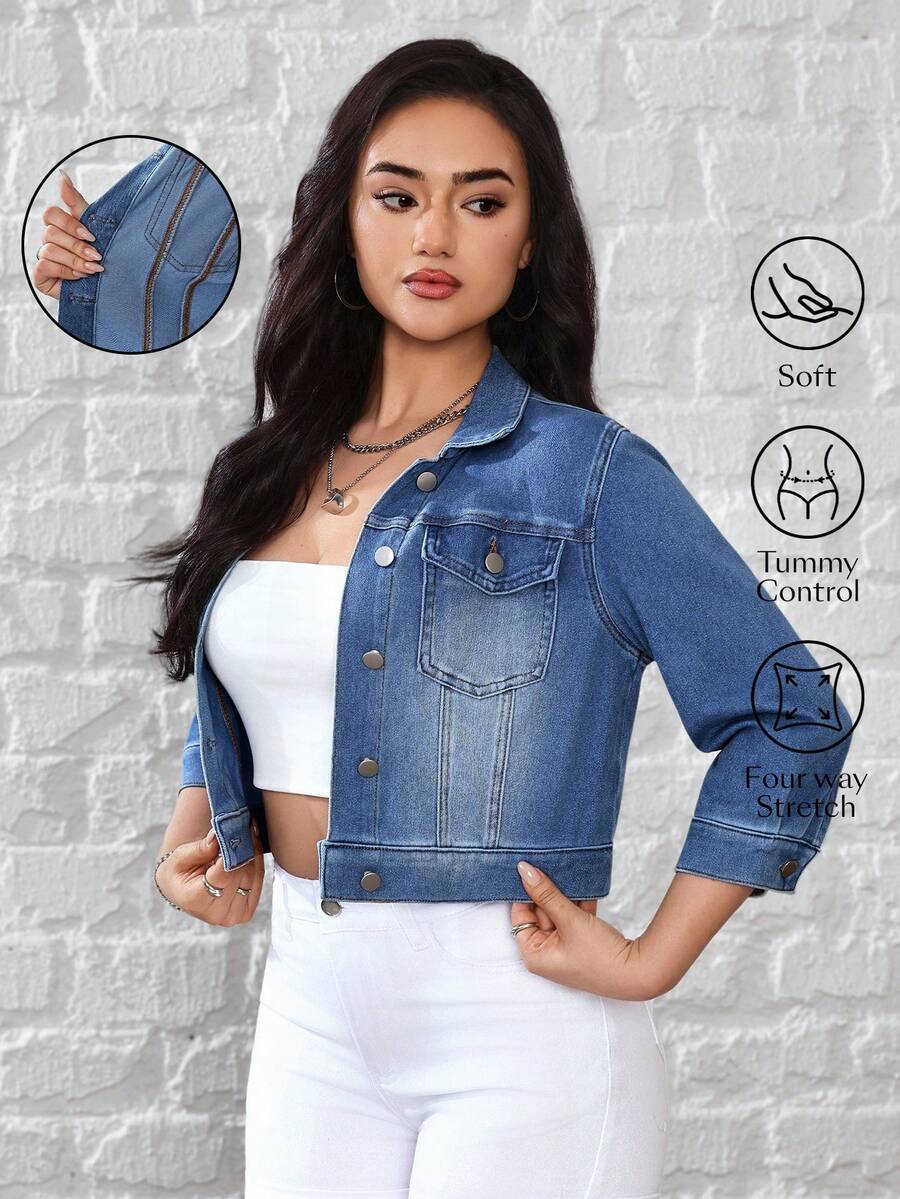 Flexra 女士休闲水洗短款牛仔外套 - 藍色 - 查看 1