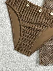 SHEIN Teen Girl 3-Piece Mesh Shell Decor Halter Bikini Set - Brown - View 5