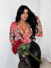 SHEIN SXY 豹纹性感低领长袖网纱连体衣 - 彩色 - 查看 6