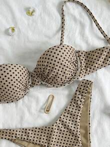 Swim MOD 2pcs/Set Polka Dot Random Print Underwire Bikini Top And High Cut Swim Bottoms Sexy Swimsuit Set, Spring/Summer - Multicolor - View 6