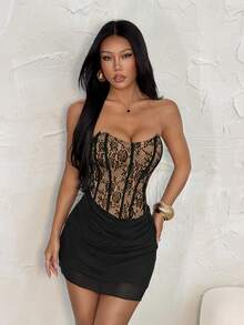 SHEIN PETITE Women's Contrast Lace Ruffle Sexy Fashion Camisole Dress - Black - View 3