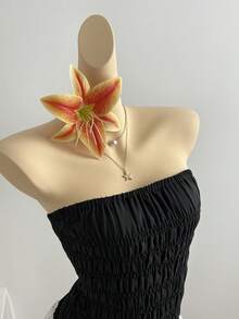 SHEIN Unity 女士性感休闲黑色抹胸拼接黑白条纹短裙，轻松度假风，春夏款 - 黑色 - 查看 5