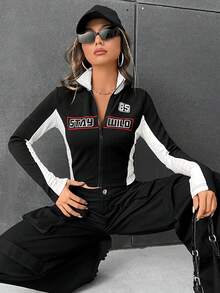 SHEIN EZwear 秋冬季字母图案双色拉链短款夹克 - 黑色 - 查看 5